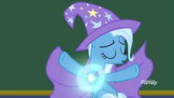 Size: 1280x720 | Tagged: safe, artist:disneymarvel96, derpibooru import, edit, edited screencap, editor:disneymarvel96, screencap, trixie, unicorn, brooch, cape, clasp, clothes, female, glow, hat, trixie's cape, trixie's glowing brooch, trixie's hat