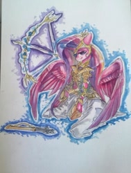 Size: 514x679 | Tagged: safe, artist:kiwwsplash, derpibooru import, princess cadance, alicorn, pony, armor, arrow, bow (weapon), clothes, female, glowing horn, horn, magic, mare, quiver, solo, telekinesis, traditional art