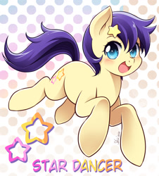 Size: 1683x1860 | Tagged: safe, artist:nekoshiei, derpibooru import, star dancer, earth pony, pony, my little pony: the manga, abstract background, cute, female, looking at you, mare, open mouth, signature, simple background, smiling, solo