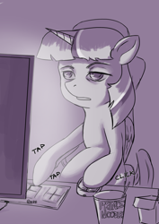 Size: 2480x3508 | Tagged: safe, artist:nire, derpibooru import, twilight sparkle, twilight sparkle (alicorn), alicorn, mouse, pony, bags under eyes, chair, chinese food, computer, cup noodles, exhausted, keyboard, sketch, sleepy, solo, tired