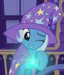 Size: 511x600 | Tagged: safe, artist:disneymarvel96, derpibooru import, edit, edited screencap, editor:disneymarvel96, screencap, trixie, unicorn, brooch, cape, clasp, clothes, female, glow, hat, one eye closed, solo, trixie's cape, trixie's glowing brooch, trixie's hat, trixie's wagon, wink