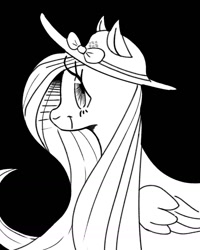 Size: 1080x1352 | Tagged: safe, alternate version, artist:daiko._, derpibooru import, fluttershy, pegasus, pony, bust, eyelashes, female, hat, mare, monochrome, smiling, solo, sun hat