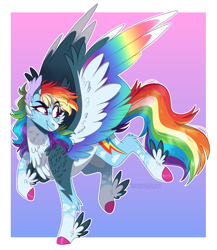 Size: 1234x1424 | Tagged: safe, artist:wanderingpegasus, derpibooru import, rainbow dash, pegasus, pony, alternate design, colored hooves, colored wings, digital art, feathered fetlocks, female, gradient background, looking back, mare, multicolored wings, rainbow wings, smiling, solo, spread wings, wings