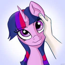 Size: 1959x1959 | Tagged: safe, artist:exploretheweb, derpibooru import, twilight sparkle, human, pony, cute, ear scratch, looking at you, offscreen character, petting, simple background, twiabetes, white background