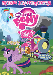 Size: 1525x2156 | Tagged: safe, derpibooru import, applejack, fluttershy, pinkie pie, rainbow dash, rarity, twilight sparkle, twilight sparkle (alicorn), alicorn, earth pony, pegasus, pony, unicorn, conductor, dvd, female, females only, friends across equestria, friendship express, hat, logo, looking at you, looking to the left, mane six, mare, my little pony logo, ponyville, riding, steam, train