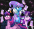 Size: 2000x1700 | Tagged: safe, artist:jxst-starly, derpibooru import, starlight glimmer, trixie, twilight sparkle, alicorn, pony, unicorn, abstract background, alicorn princess, cape, card, cheek fluff, clothes, digital background, fanart, fluffy, magic, magic aura, magician hat, magician outfit, unicorn trio