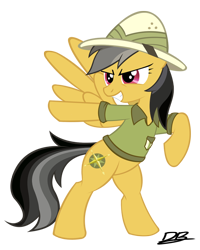 Size: 1200x1500 | Tagged: safe, artist:divebomb5, derpibooru import, daring do, fanfic:treasure in the west, >:d, clothes, fanfic, fanfic art, fanfic cover, hat, shirt, simple background, smiling, solo, spread wings, transparent background, vector, wings