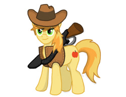 Size: 648x504 | Tagged: safe, artist:divebomb5, derpibooru import, braeburn, fanfic:treasure in the west, clothes, digital art, gun, hat, lever action rifle, rifle, simple background, smiling, solo, vest, weapon, white background