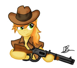 Size: 648x576 | Tagged: safe, artist:divebomb5, derpibooru import, braeburn, fanfic:treasure in the west, clothes, digital art, fanfic, fanfic art, gun, hat, jacket, lever action rifle, rifle, simple background, smiling, solo, weapon, white background