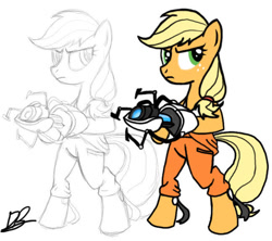 Size: 648x576 | Tagged: safe, artist:divebomb5, derpibooru import, applejack, earth pony, pony, bipedal, clothes, digital art, hatless, missing accessory, portal (valve), portal gun, solo