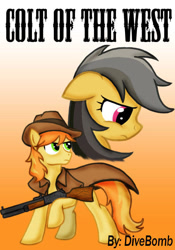 Size: 504x720 | Tagged: safe, artist:divebomb5, derpibooru import, braeburn, daring do, fanfic:colt of the west, fanfic:treasure in the west, braedo, clothes, digital art, fanfic, fanfic art, fanfic cover, gun, hat, jacket, rifle, weapon