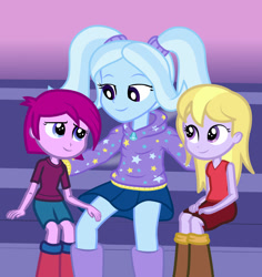 Size: 1020x1080 | Tagged: safe, artist:jerrickvolson, derpibooru import, fuchsia blush, lavender lace, trixie, equestria girls, age regression, alternate hairstyle, babysitter trixie, clothes, hoodie, trixie and the illusions, younger