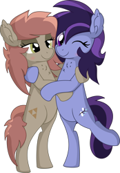 Size: 6038x8679 | Tagged: safe, artist:cyanlightning, derpibooru import, oc, oc:atari, oc:raven storm, .svg available, absurd resolution, bipedal, blinking, duo, female, hug, lesbian, lidded eyes, looking at each other, shipping, simple background, transparent background, vector