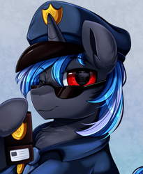 Size: 1443x1764 | Tagged: safe, artist:pridark, derpibooru import, oc, oc only, pony, unicorn, bust, chest fluff, clothes, commission, cute, handsome, male, police hat, police officer, police uniform, portrait, red eyes, solo, sunglasses, uniform