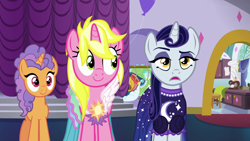 Size: 1280x720 | Tagged: safe, derpibooru import, screencap, moonlight raven, pretzel twist, sunshine smiles, pony, unicorn, canterlot boutique, clothes, dress, female, mare