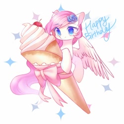 Size: 1080x1080 | Tagged: safe, artist:leafywind, derpibooru import, oc, oc only, oc:leafy, pegasus, pony, blue eyes, cherry, female, flower, flower in hair, food, happy birthday, ice cream, mare, smiling, solo, spread wings, starry eyes, wingding eyes, wings