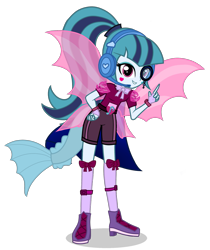 Size: 1755x2094 | Tagged: safe, artist:starflashing twinkle, derpibooru import, sonata dusk, equestria girls, ankle bracelet, bow, clothes, cute, disguise, disguised siren, fin wings, fingerless gloves, fish tail, gloves, headset, monocle, simple background, socks, solo, standing, thigh highs, transparent background, wings, wristband