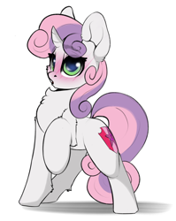 Size: 1628x2048 | Tagged: safe, artist:skitsroom, derpibooru import, sweetie belle, pony, unicorn, blushing, cheek fluff, chest fluff, chubby, cute, cutie mark, cutie mark crusaders, diasweetes, female, filly, one hoof raised, raised hoof, simple background, solo, the cmc's cutie marks, underhoof, white background