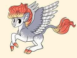 Size: 2800x2100 | Tagged: safe, artist:loryska, derpibooru import, oc, pony, cloven hooves, flying, interspecies offspring, magical lesbian spawn, offspring, orange background, parent:autumn blaze, parent:derpy hooves, simple background, solo