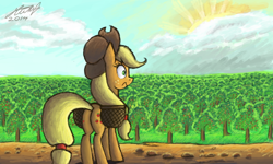 Size: 854x512 | Tagged: safe, artist:dreamyskies, derpibooru import, applejack, earth pony, pony, amazed, apple, apple tree, applejack's hat, basket, cloud, cloudy, complex background, cowboy hat, female, funny, hat, looking up, mare, morning, scenery, signature, sun, surprised, tree