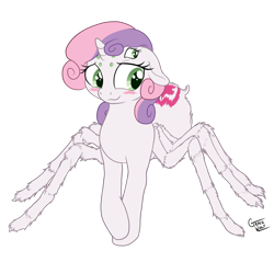 Size: 1200x1147 | Tagged: safe, artist:deserter, artist:gracewolf, color edit, derpibooru import, edit, editor:deserter, sweetie belle, monster pony, original species, spiderpony, unicorn, adoracreepy, bashful, blushing, colored, creepy, cute, cutie mark, diasweetes, hair over one eye, simple background, solo, species swap, transparent background