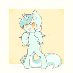 Size: 768x768 | Tagged: safe, artist:jisuppe, artist:rigis-ut, derpibooru import, lyra heartstrings, pony, unicorn, abstract background, bipedal, colored pupils, dialogue, female, mare, open mouth, smiling, solo