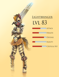 Size: 2200x2886 | Tagged: safe, artist:fruitbloodmilkshake, derpibooru import, oc, oc only, anthro, earth pony, unguligrade anthro, armor, solo, stats, sword, weapon