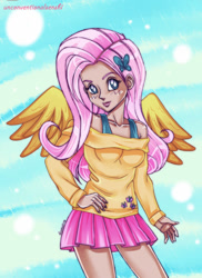 Size: 872x1200 | Tagged: safe, artist:unconventionalsenshi, derpibooru import, fluttershy, human, female, hand on hip, humanized, solo, winged humanization, wings