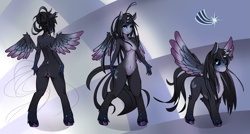 Size: 3739x2000 | Tagged: safe, artist:fruitbloodmilkshake, derpibooru import, oc, oc only, oc:starfall, alicorn, anthro, pony, unguligrade anthro, alicorn oc, black sclera, breasts, featureless breasts, featureless crotch, female, horn, mare, reference sheet, wings