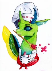 Size: 1024x1412 | Tagged: safe, artist:lailyren, derpibooru import, oc, oc only, changedling, changeling, insect, bust, changeling oc, commission, cook, fanfic art, kiss the cook, male, portrait, solo, traditional art, watercolor painting