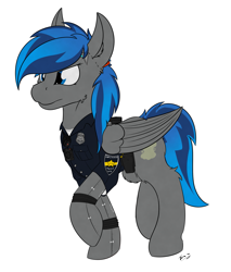 Size: 2767x3254 | Tagged: safe, artist:kamithepony, derpibooru import, oc, oc only, oc:atom bomb, pegasus, pony, amputee, cyberpunk, female, mare, police, police officer, police uniform, prosthetic limb, prosthetics, robotic arm, sierra nevada, simple background, solo, transparent background