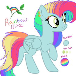Size: 3200x3200 | Tagged: safe, artist:circuspaparazzi5678, derpibooru import, oc, oc:rainbow blitz, pegasus, pony, base used, cutie mark, ear piercing, earring, eyeshadow, jewelry, magical lesbian spawn, makeup, multicolored hair, offspring, parent:fluttershy, parent:rainbow dash, parents:flutterdash, piercing, rainbow hair, rainbow makeup, reference sheet, solo