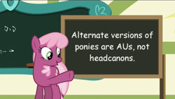 Size: 1920x1080 | Tagged: safe, derpibooru import, cheerilee, pony, cheerilee's chalkboard, comic sans, debate in the comments, mouthpiece, solo