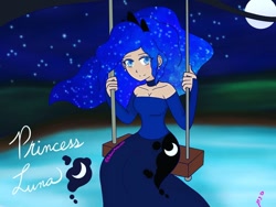 Size: 1080x810 | Tagged: safe, artist:art_with_artemis, derpibooru import, princess luna, human, choker, clothes, cutie mark, cutie mark on clothes, dress, ethereal mane, female, full moon, humanized, jewelry, moon, night, pond, sitting, smiling, solo, starry mane, stars, swing, text, tiara