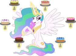 Size: 7829x5773 | Tagged: safe, artist:anime-equestria, derpibooru import, princess celestia, alicorn, pony, absurd resolution, cake, cakelestia, crown, female, food, gem, hoof shoes, jewelry, levitation, magic, regalia, royalty, simple background, sitting, solo, telekinesis, that pony sure does love cakes, transparent background, vector, wings