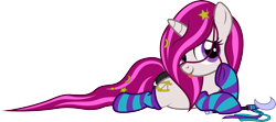 Size: 3720x1648 | Tagged: safe, artist:lightning stripe, derpibooru exclusive, derpibooru import, oc, oc:zew, pony, unicorn, clothes, commission, cute, cutie mark, female, filly, foal, horn, long mane, long tail, lying down, ocbetes, pink mane, prone, purple eyes, ribbon, show accurate, simple background, smiling, socks, solo, striped socks, tail wrap, thigh highs, transparent background, vector, wand, white coat