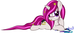 Size: 3720x1648 | Tagged: safe, artist:lightning stripe, derpibooru exclusive, derpibooru import, oc, oc:zew, pony, unicorn, accessory-less edit, clothes, commission, cute, cutie mark, female, filly, foal, horn, long mane, long tail, lying down, missing accessory, ocbetes, pink mane, prone, purple eyes, ribbon, show accurate, simple background, smiling, solo, tail wrap, transparent background, vector, wand, white coat