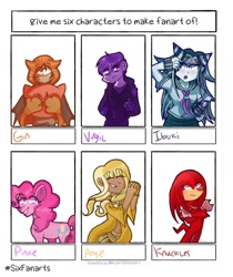 Size: 1078x1286 | Tagged: safe, artist:blue_beanz_101, derpibooru import, pinkie pie, anthro, earth pony, human, pony, angie yonaga, anthro with ponies, crossed arms, crossover, danganronpa, danganronpa 2, danganronpa v3, echidna, female, grin, ibuki mioda, knuckles the echidna, male, mare, sanders sides, six fanarts, smiling, sonic the hedgehog (series), your turn to die