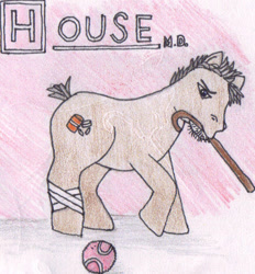 Size: 438x471 | Tagged: safe, artist:kimvaughan, derpibooru import, earth pony, pony, g3, cane, crayon drawing, gregory house, house m.d., ponified, solo, traditional art