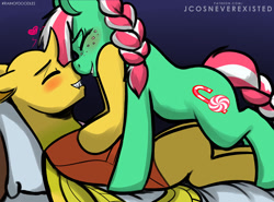 Size: 1280x947 | Tagged: safe, artist:jcosneverexisted, derpibooru import, oc, oc only, oc:pepper, oc:ren the changeling, changeling, pony, bed, blushing, cuddling, eyes closed, female, interspecies, lying, male, peppen, reformed, shipping, yellow changeling