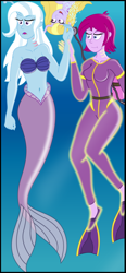 Size: 656x1412 | Tagged: safe, artist:physicrodrigo, derpibooru import, fuchsia blush, lavender lace, trixie, mermaid, equestria girls, belly button, cropped, flippers, gills, mermaidized, scuba, species swap, transformation, trixie and the illusions, underwater, wetsuit
