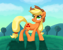 Size: 1500x1200 | Tagged: safe, artist:champion-of-namira, derpibooru import, applejack, earth pony, pony, cute, female, freckles, grass, hat, jackabetes, looking back, looking up, mare, smiling, solo, tree, walking