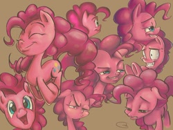 Size: 600x451 | Tagged: safe, artist:typicalgib, derpibooru import, pinkie pie, earth pony, pony, brown background, expressions, eyes closed, faic, floppy ears, grin, happy, looking at you, multeity, nervous, nervous grin, profile, sad, simple background, smiling, smug, solo