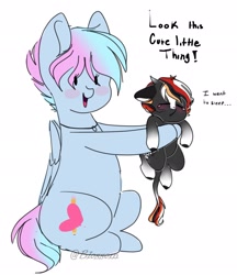 Size: 1771x2048 | Tagged: safe, artist:shinningblossom12, derpibooru import, oc, oc only, oc:shinning blossom, earth pony, pegasus, pony, baby, baby pony, blushing, colored hooves, dialogue, duo, earth pony oc, female, holding a pony, jewelry, mare, necklace, pegasus oc, simple background, sleepy, smiling, tired, white background, wings