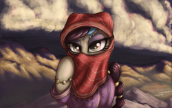 Size: 2500x1570 | Tagged: safe, artist:t72b, derpibooru import, oc, oc only, earth pony, pony, saddle arabian, clothes, cloud, desert, eyeshadow, female, jewelry, looking at you, makeup, mare, mountain, mountain range, river, shawl, solo, sunset, thunderhead, valley