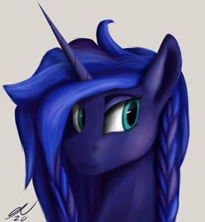 Size: 1600x1728 | Tagged: safe, artist:tenebrisnoctus, derpibooru import, princess luna, alicorn, pony, alternate hairstyle, braided pigtails, bust, female, mare, portrait, signature, simple background, smiling, solo