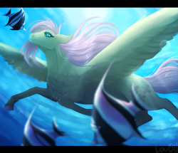 Size: 1105x952 | Tagged: safe, artist:lou1911, derpibooru import, fluttershy, fish, pegasus, pony, female, mare, signature, spread wings, swimming, underwater, wings