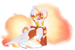 Size: 2241x1498 | Tagged: safe, artist:vanillaswirl6, derpibooru import, daybreaker, oc, oc:radiance, alicorn, pony, four wings, jewelry, multiple wings, next generation, parent:daybreaker, parent:discord, regalia, simple background, transparent background, wing blanket, wings