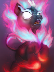 Size: 1200x1600 | Tagged: safe, artist:underdog234, derpibooru import, autumn blaze, kirin, nirik, angry, fangs, fire, glowing eyes, solo