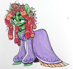 Size: 1024x961 | Tagged: safe, artist:fulicioustm, derpibooru import, tree hugger, earth pony, make new friends but keep discord, clothes, dress, female, flower, flower in hair, gala dress, jewelry, mare, necklace, smiling, solo